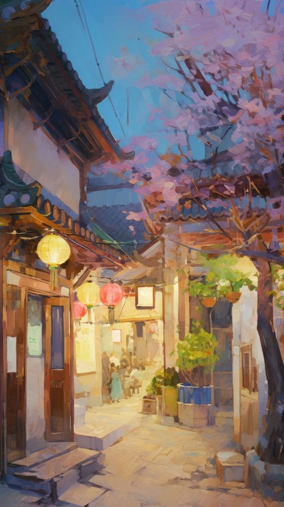 Asian street at night painting accessories accessory.