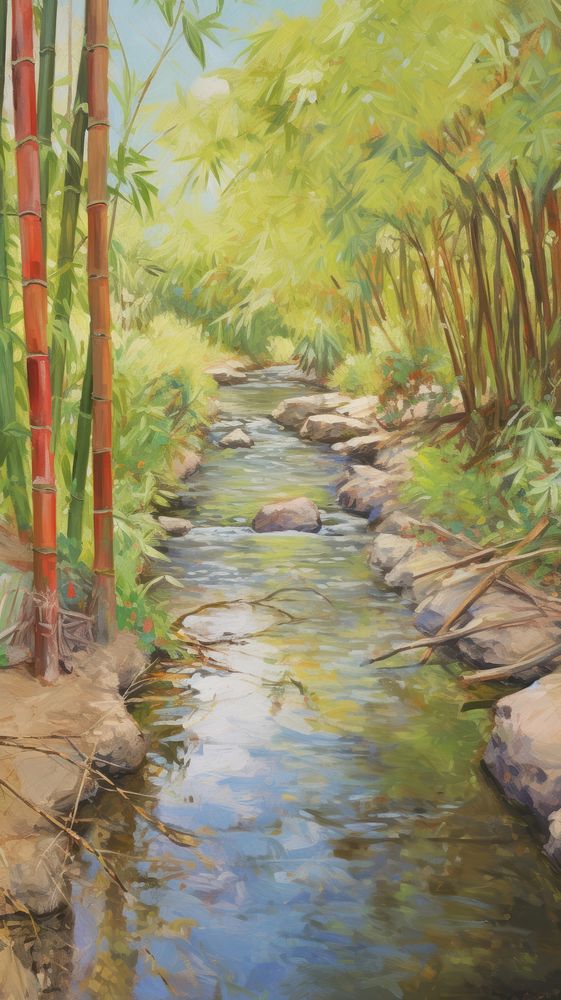 Painting stream vegetation outdoors.