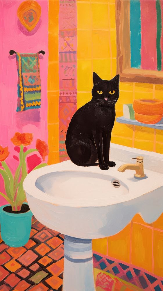 Black cat in a red bathroom animal mammal basin.