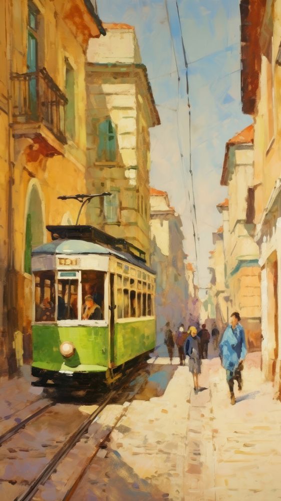 Green tram in european city painting transportation streetcar.