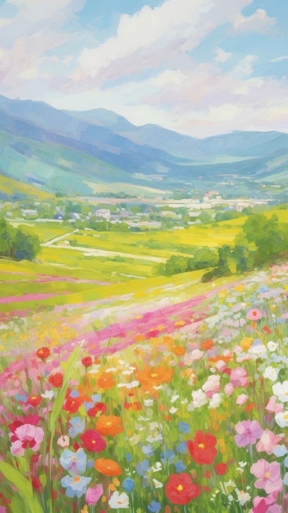 Hilly spring flower fields landscape painting countryside.