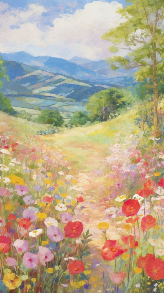 Hilly spring flower fields painting | Premium Photo Illustration - rawpixel