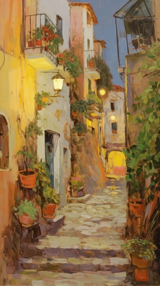 Italian street at night painting alleyway person.