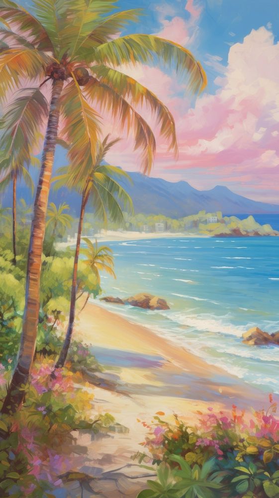 Landscape painting beach tree.
