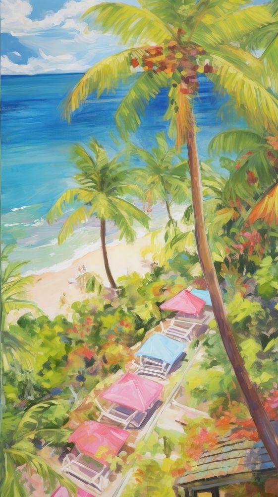 Top view tropical beach painting architecture vegetation.