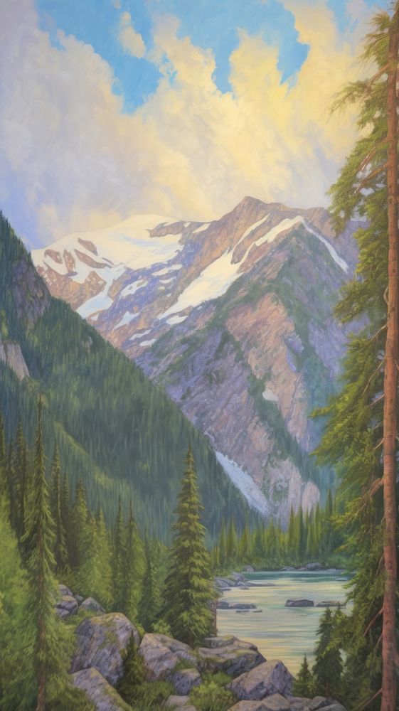 Landscape painting mountain forest.