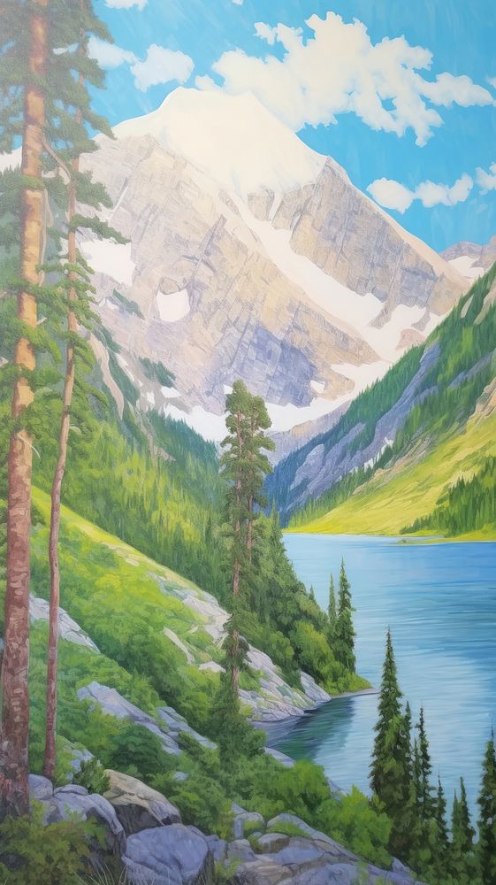 Landscape painting mountain forest.