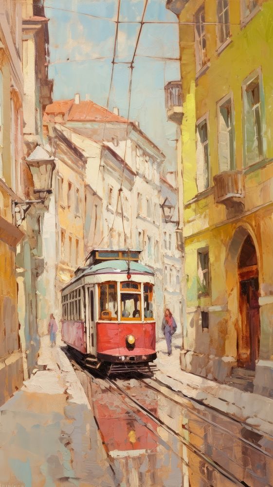 Tram in european city painting transportation neighborhood.