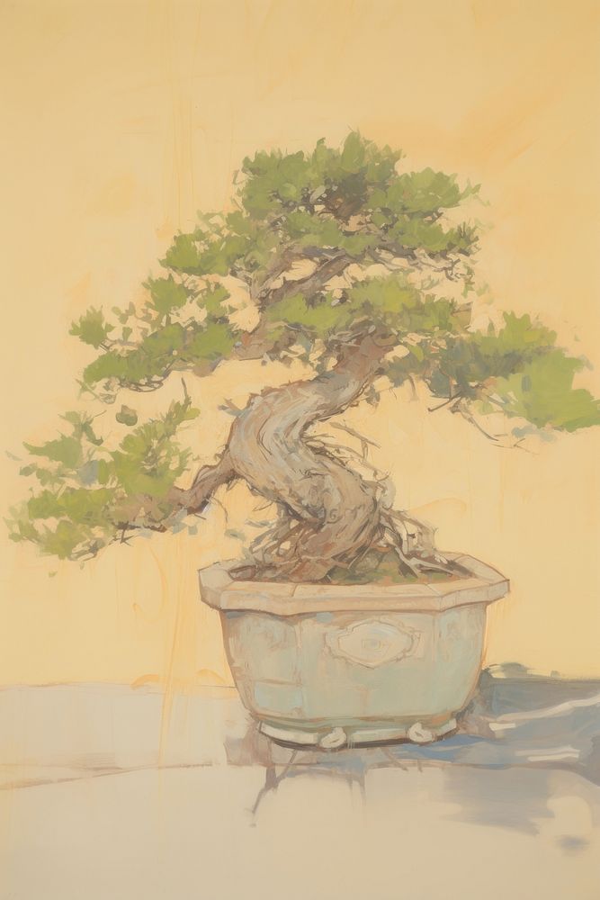 Illustration the 1970s of bonsai painting drawing sketch.