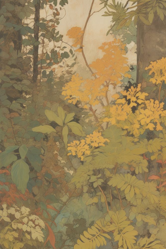 Illustration the 1970s of foliage outdoors woodland painting.