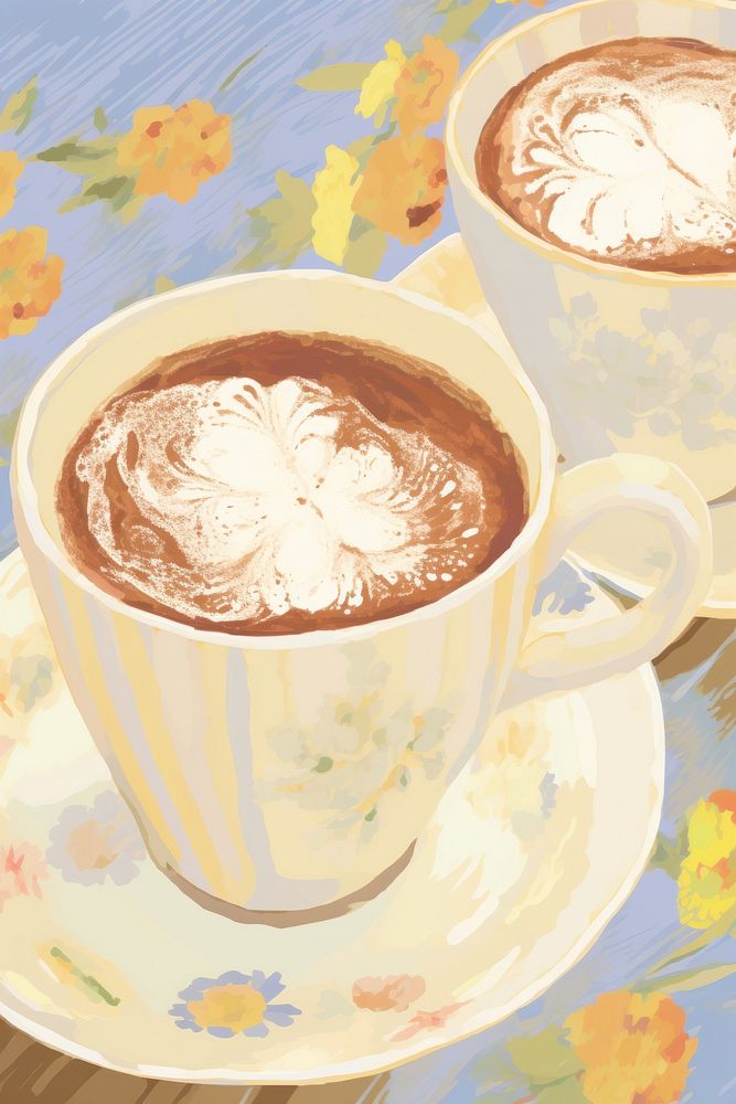 Illustration the 1970s of hot chocolate dessert saucer coffee.