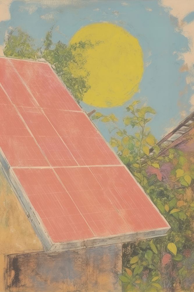 Illustration the 1970s of solar panel architecture painting outdoors.