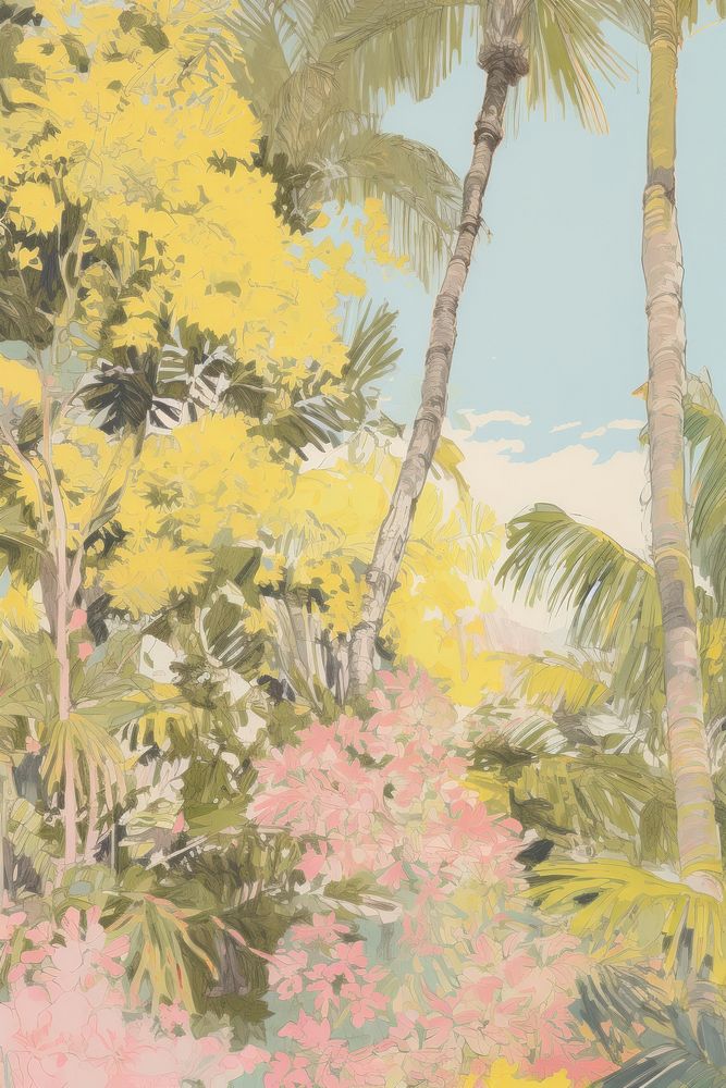 Illustration the 1970s of tropical painting outdoors nature.