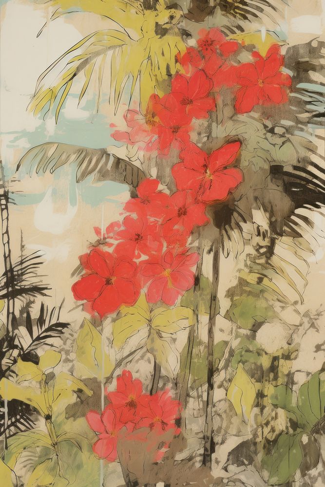 Illustration the 1970s of tropical painting pattern flower.