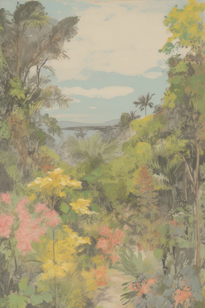 Illustration the 1970s of tropical outdoors painting nature.