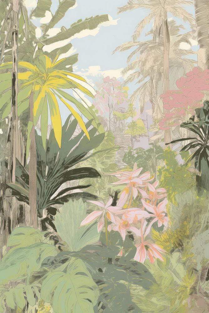 Illustration the 1970s of tropical vegetation outdoors painting.