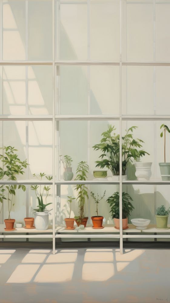 Minimal space glasshouse garden windowsill plant architecture.