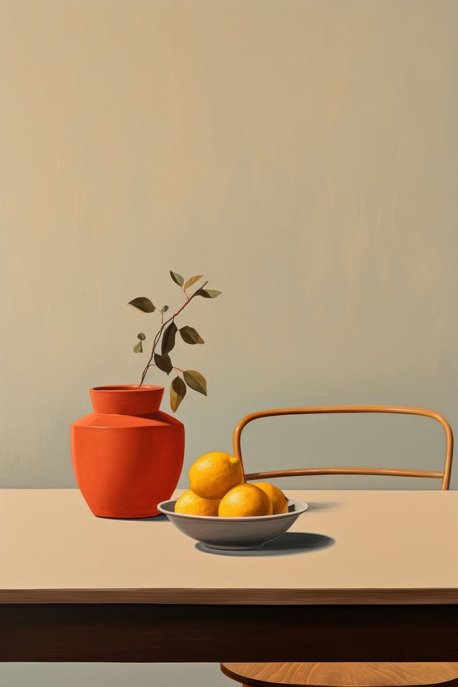 Minimal space dining table fruit painting plant.