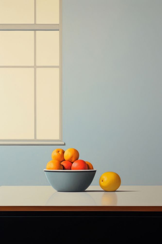 Minimal space kitchen table fruit painting window.