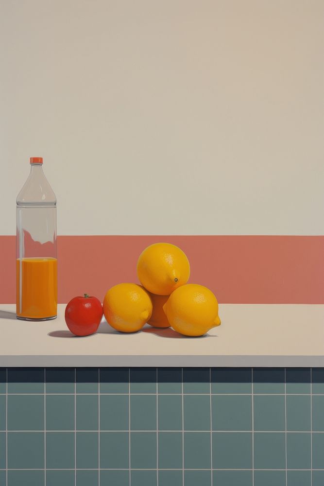 Minimal space kitchen counter fruit grapefruit painting.