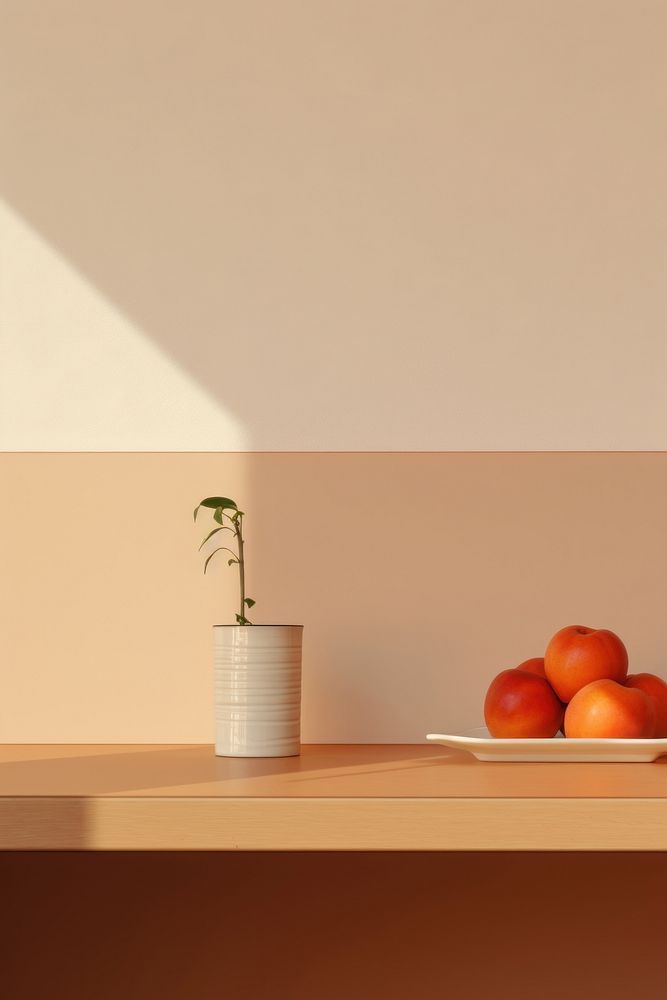 Minimal space kitchen counter plant fruit architecture.