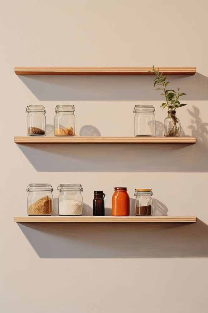 Minimal space kitchen shelf jar furniture architecture.