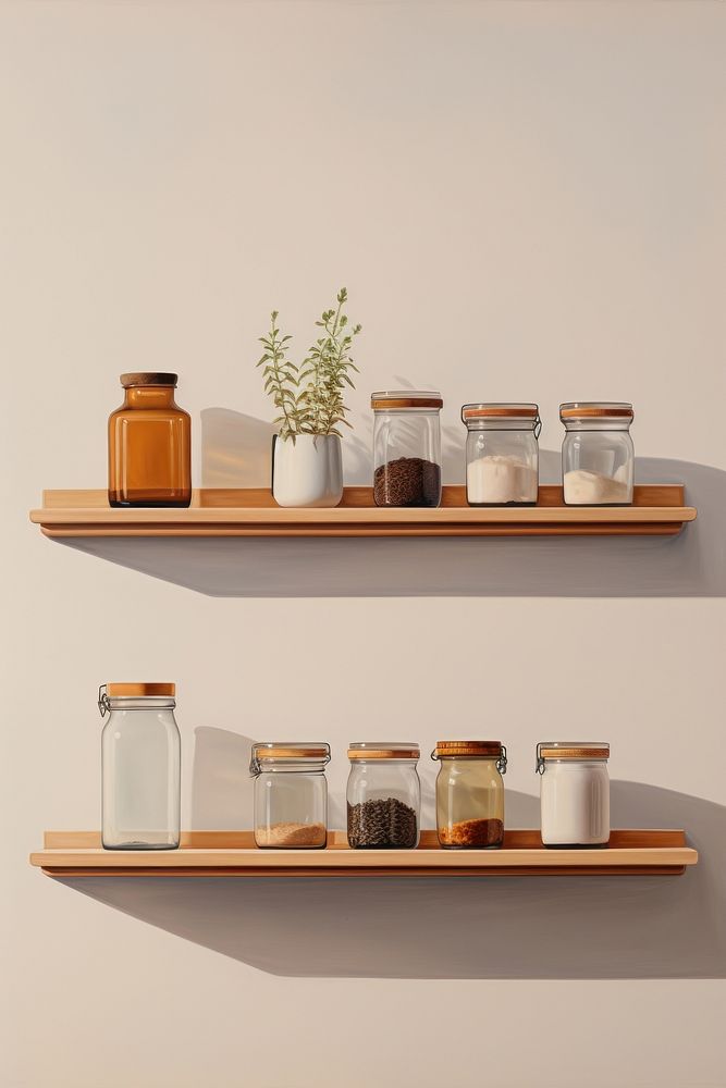 Minimal space kitchen shelf jar bottle arrangement.