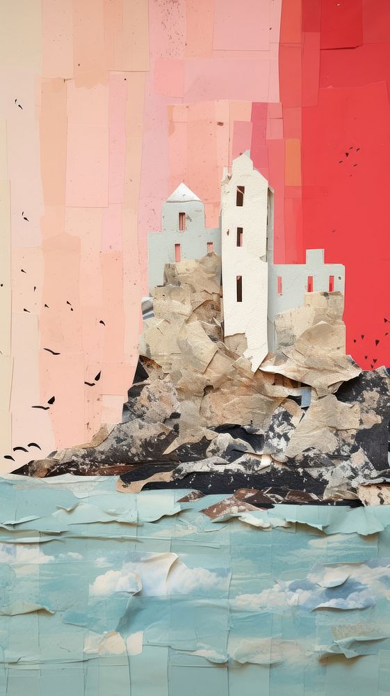 Minimal simple coastal castle art painting collage.