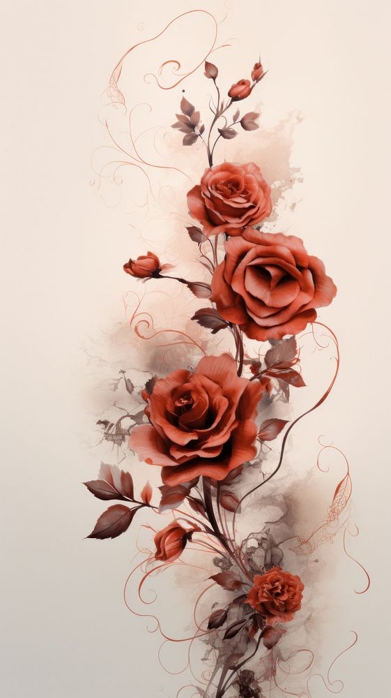  Ink red roses pattern flower plant. AI generated Image by rawpixel.
