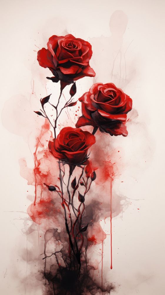  Ink red roses painting flower plant. AI generated Image by rawpixel.