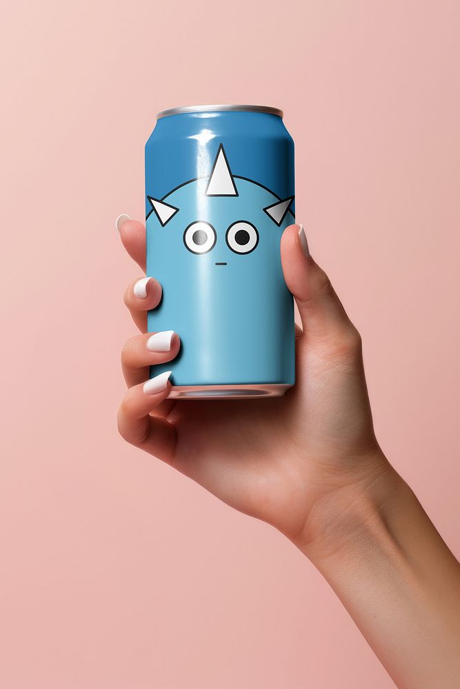 Hand holding blue soda can
