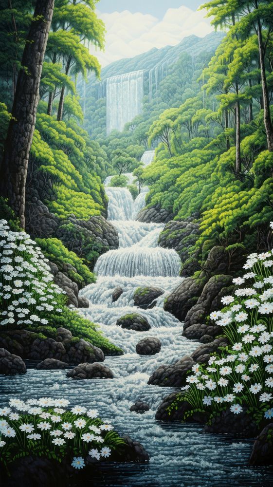 Illustration of a tall waterfall landscape architecture vegetation.