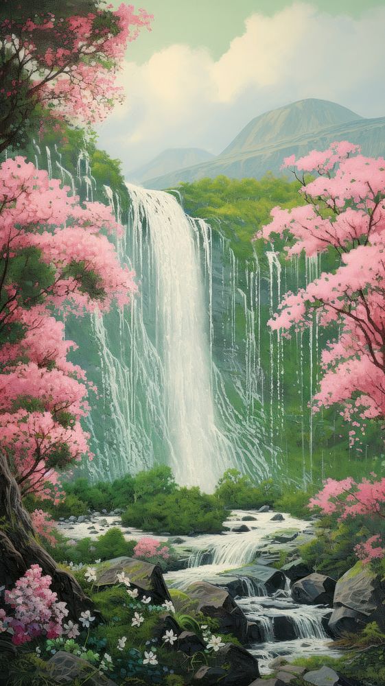Illustration of a tall waterfall landscape painting outdoors.