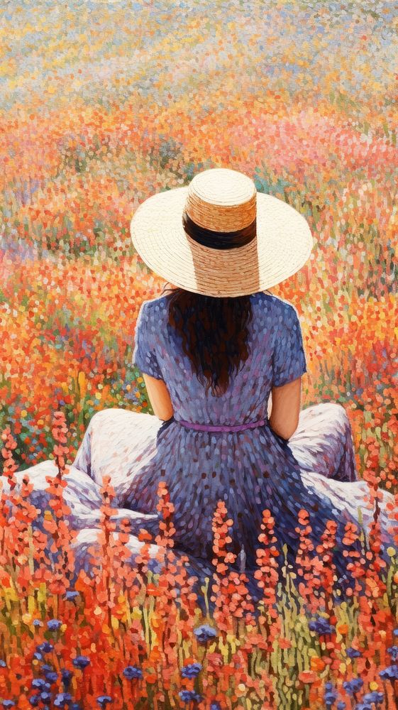 Illustration of a top view women sitting on a flower fields painting landscape outdoors.