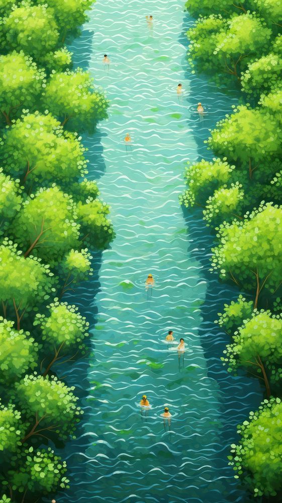 Illustration of a top view women swimming in the lake tree landscape outdoors.