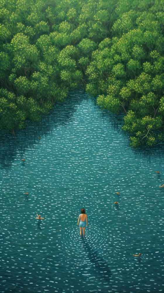Illustration of a top view women swimming in the lake tree outdoors nature.
