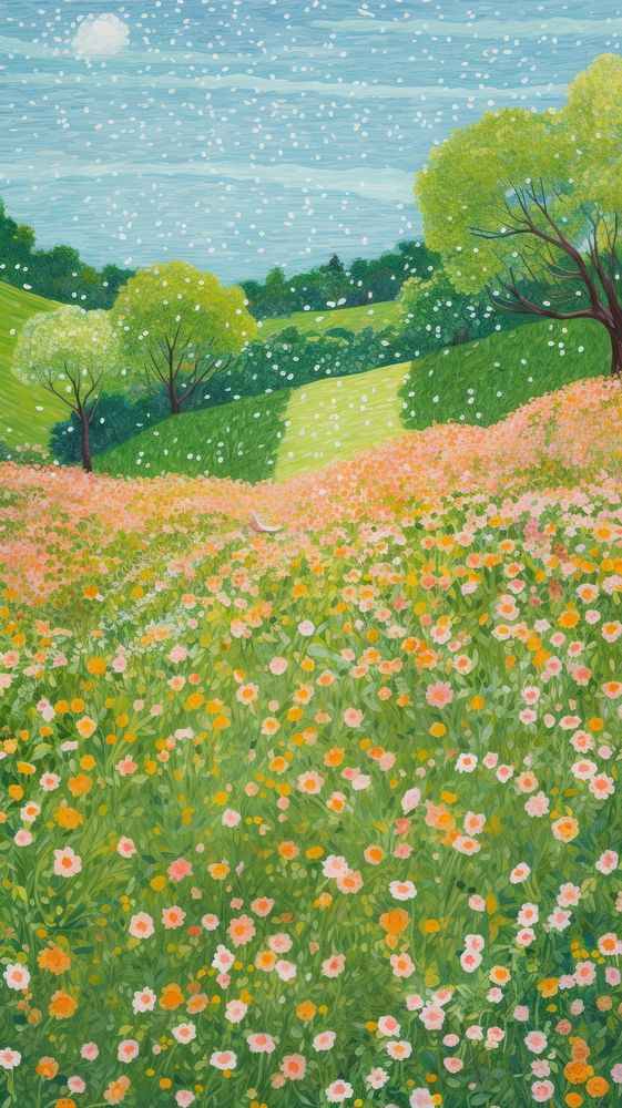 Illustration of a top view a flower field landscape painting grassland.