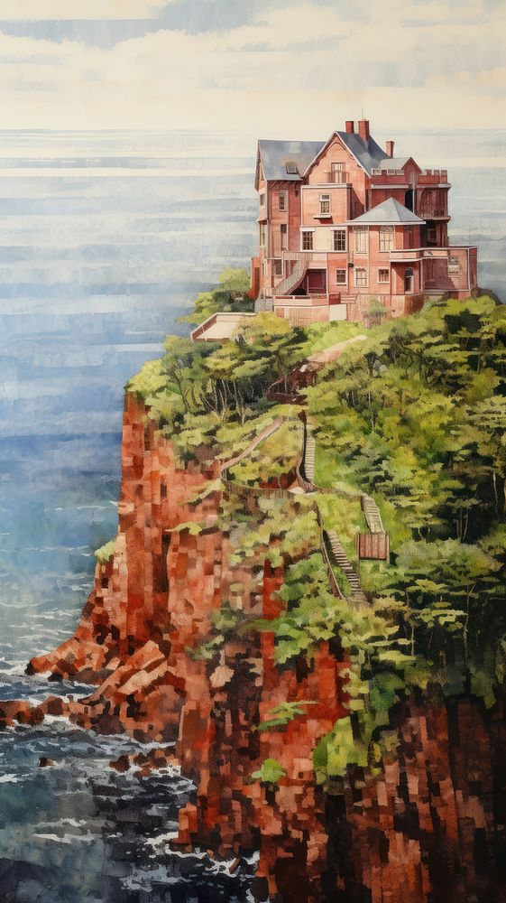 Illustration of a top view brick mansion cliff architecture landscape.