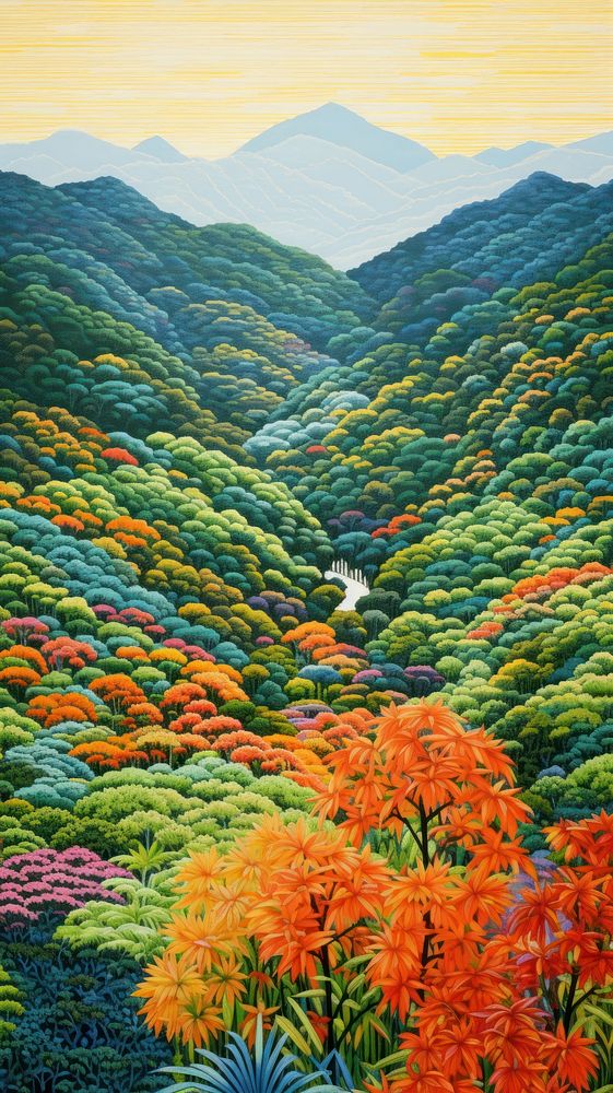 Landscape mountain painting forest.
