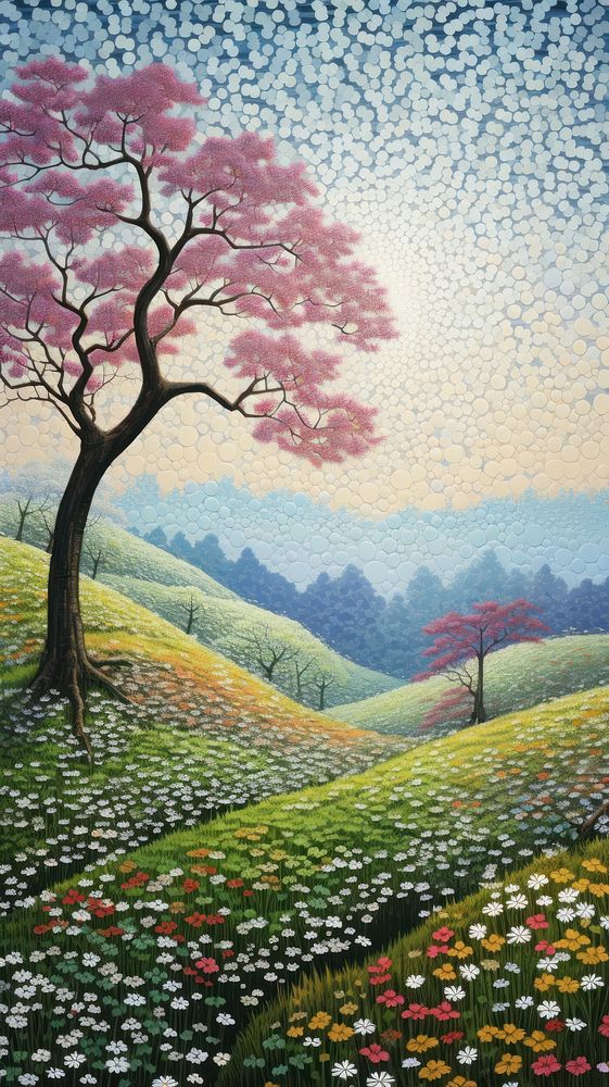 Illustration of a tree on a flower hills landscape painting outdoors.