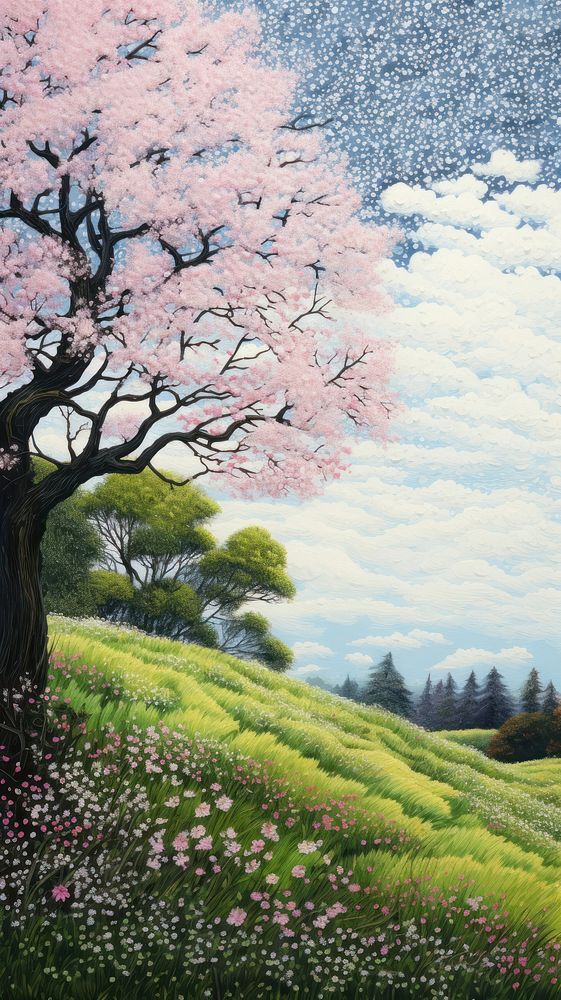 Illustration of a tree on a flower hills landscape outdoors painting.