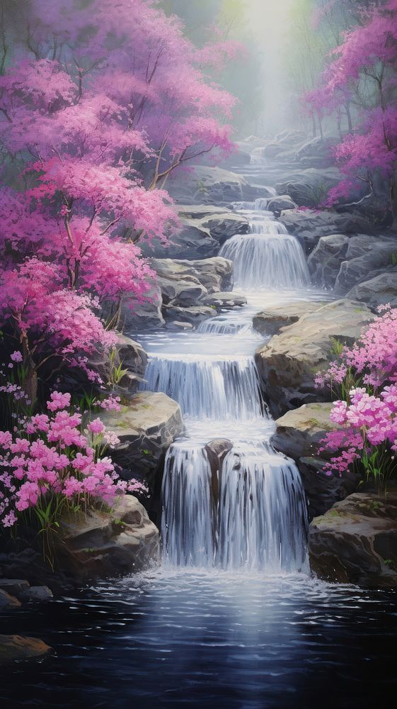 Illustration of a waterfall flower landscape outdoors.