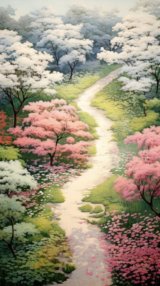 Illustration of a aerial view of a park path landscape flower outdoors.