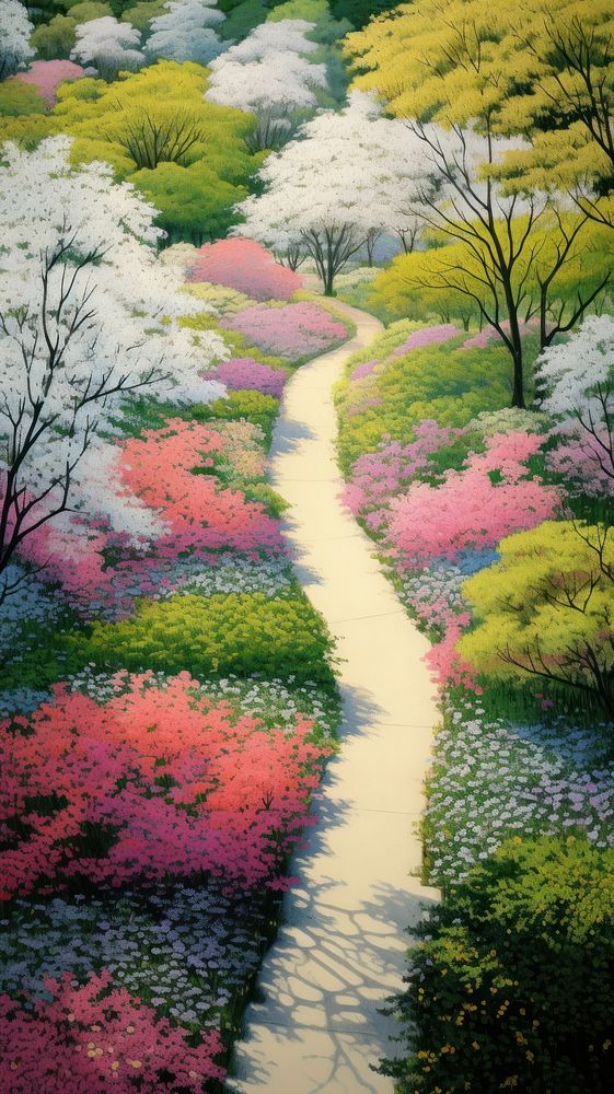 Illustration of a aerial view of a park path landscape flower outdoors.