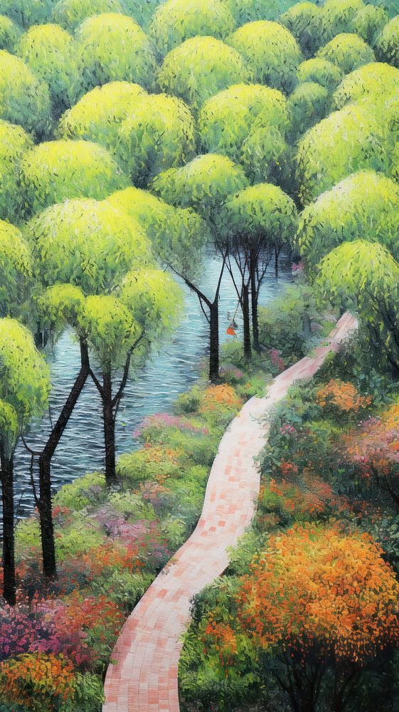 Aerial view of a park path landscape painting outdoors.