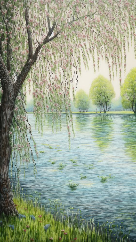 Painting willow tree landscape.