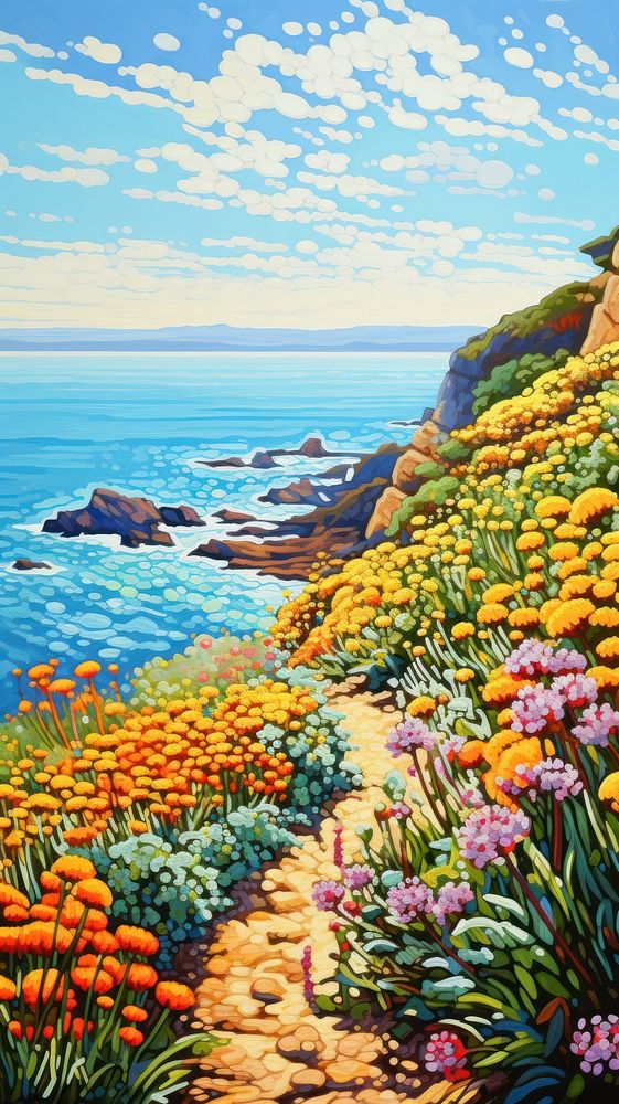Illustration of a coastal cliff landscape painting outdoors.