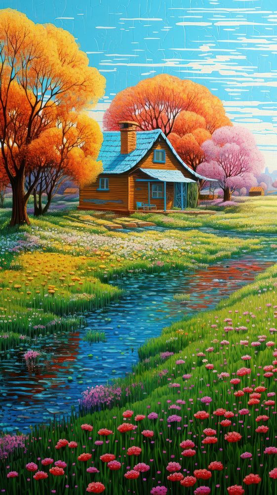 Illustration of a cottage on a colorful flower field landscape painting architecture.