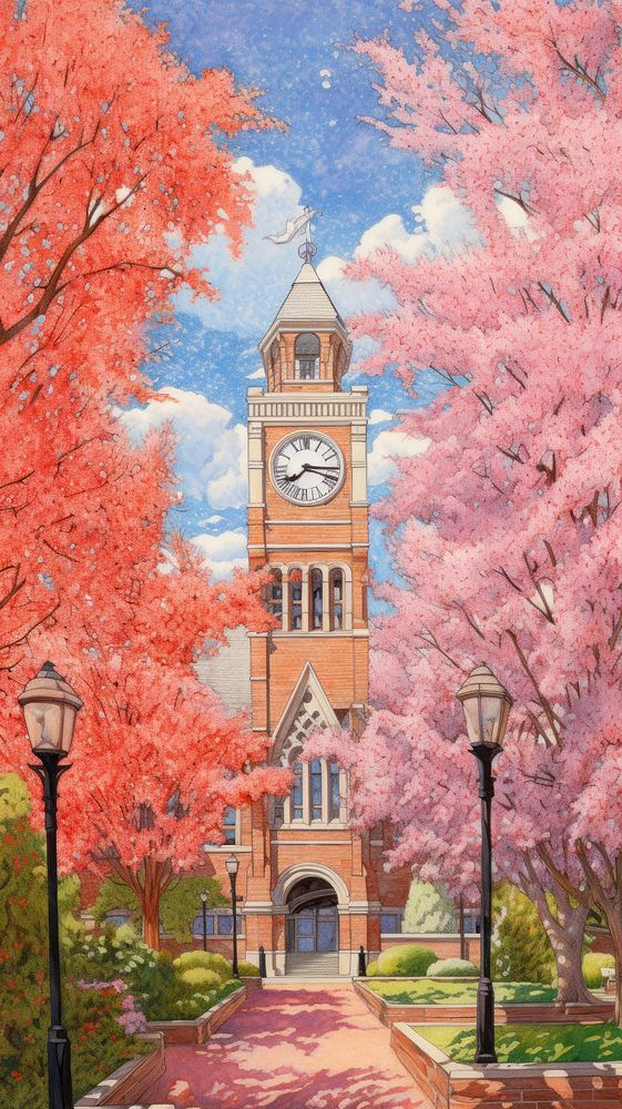 Illustration of a clock tower architecture building painting.