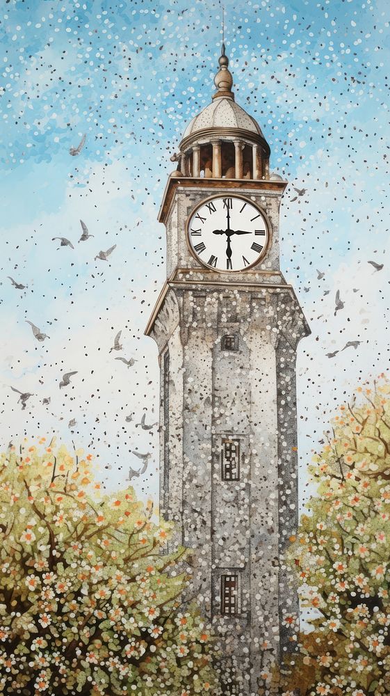 Illustration of a clock tower architecture building tree.